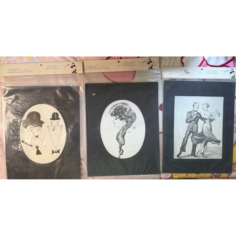 3 Vintage Herb Evans Signed Numbered Prints Laurel Hardy Fred Astaire Movie Deco